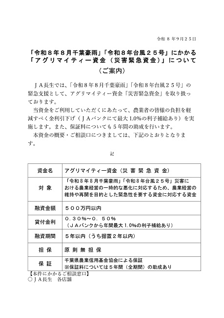 千葉豪雨および台風25号にかかるアグリマイティー資金（農業資金）について